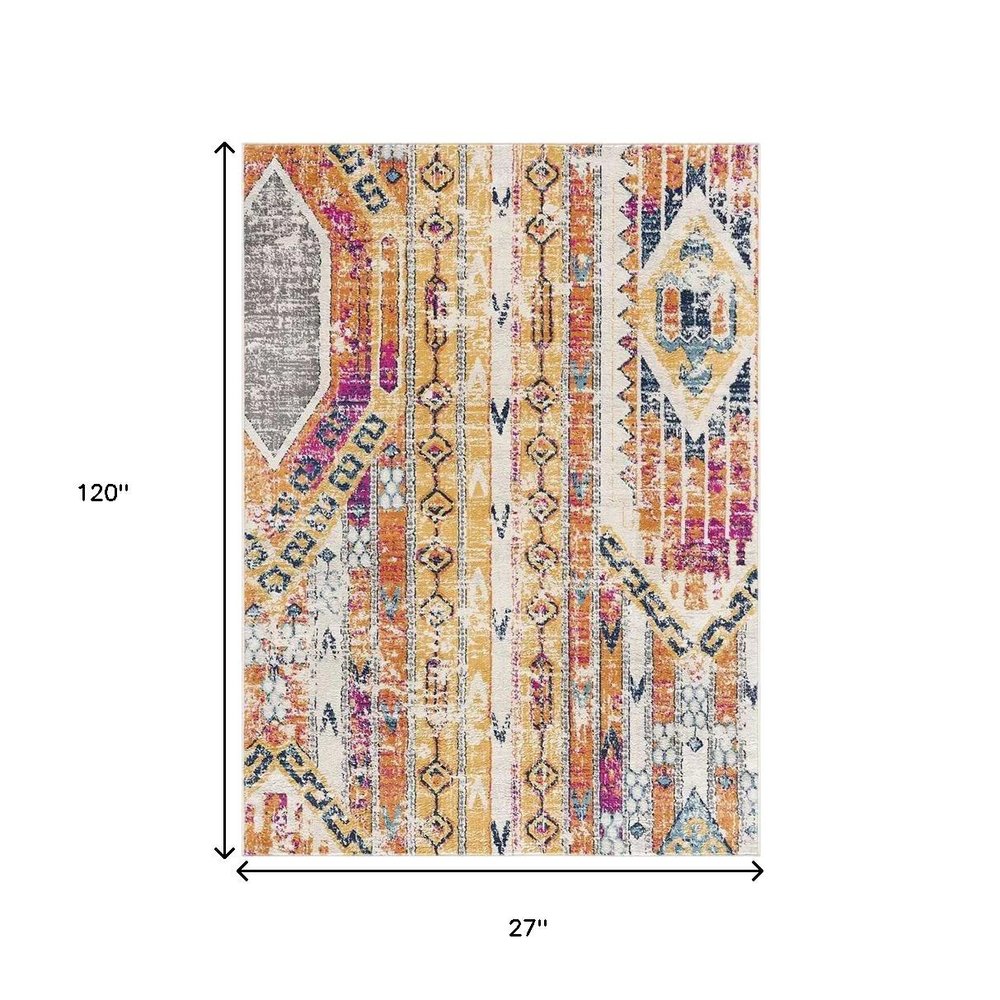 20' Gold And Ivory Southwestern Runner Rug