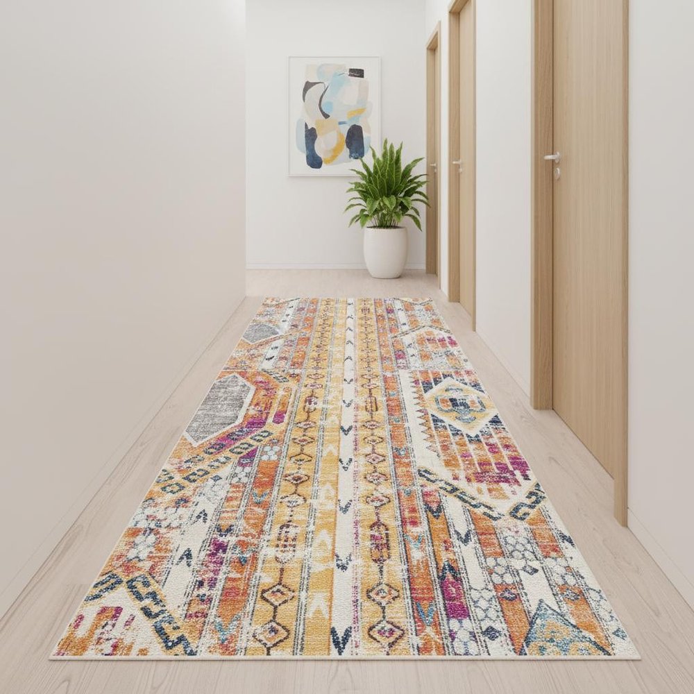 20' Gold And Ivory Southwestern Runner Rug