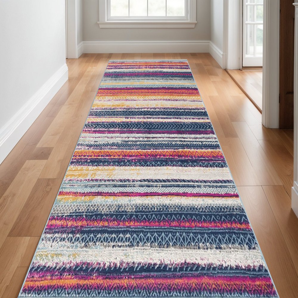 2' X 5' Blue And Ivory Striped Area Rug