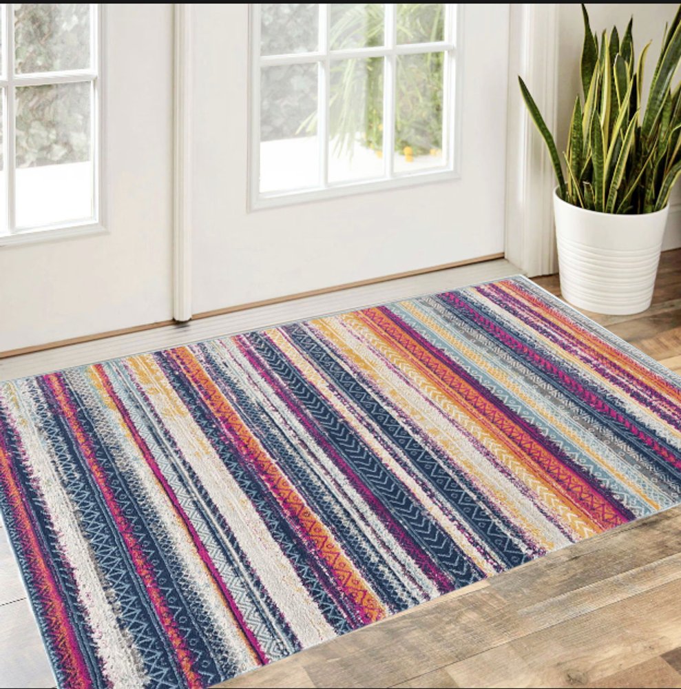 2' X 5' Blue And Ivory Striped Area Rug