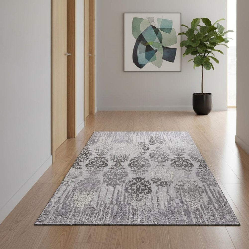 5' X 7' Gray Damask Power Loom Area Rug