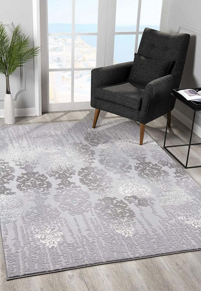 5' X 7' Gray Damask Power Loom Area Rug