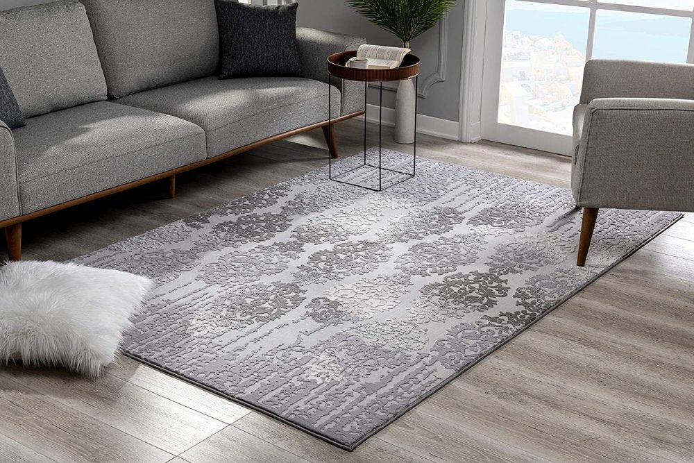 5' X 7' Gray Damask Power Loom Area Rug