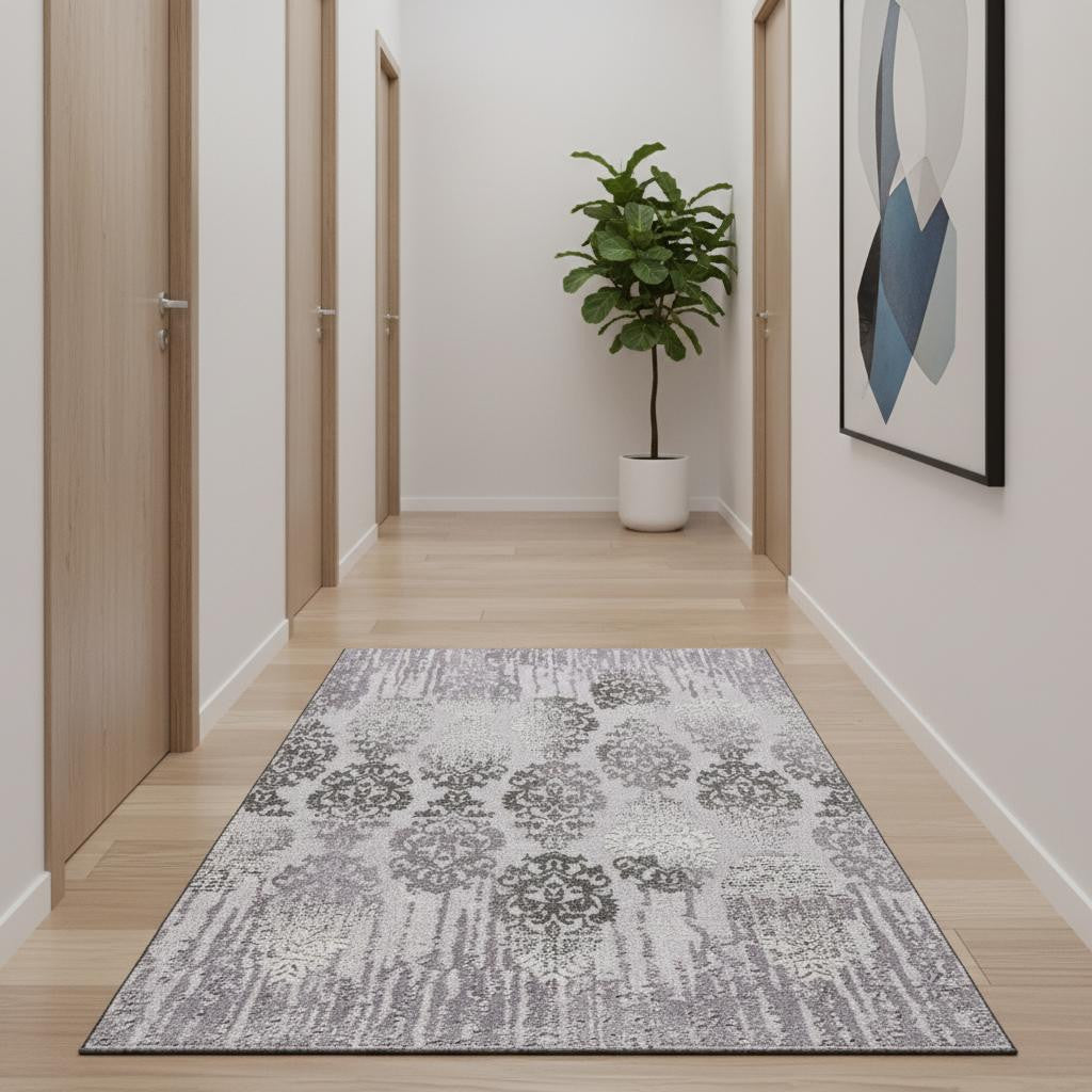 5' X 7' Gray Damask Power Loom Area Rug