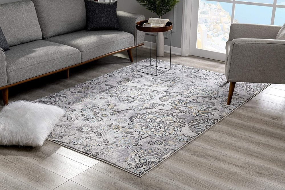 6' X 9' Gray Damask Power Loom Area Rug