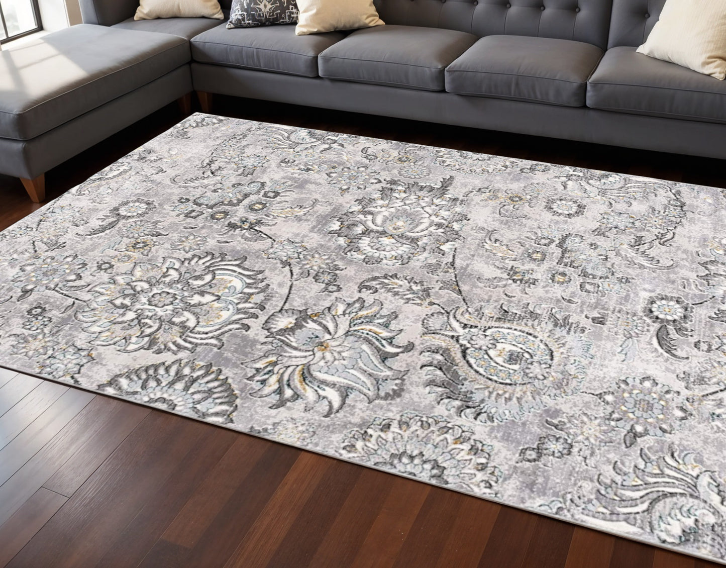 6' X 9' Gray Damask Power Loom Area Rug