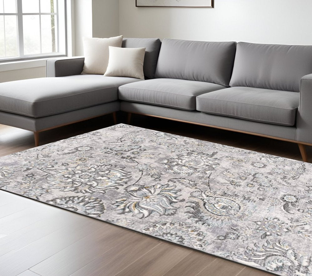 6' X 9' Gray Damask Power Loom Area Rug