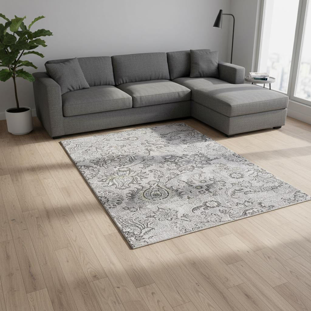 6' X 9' Gray Damask Power Loom Area Rug