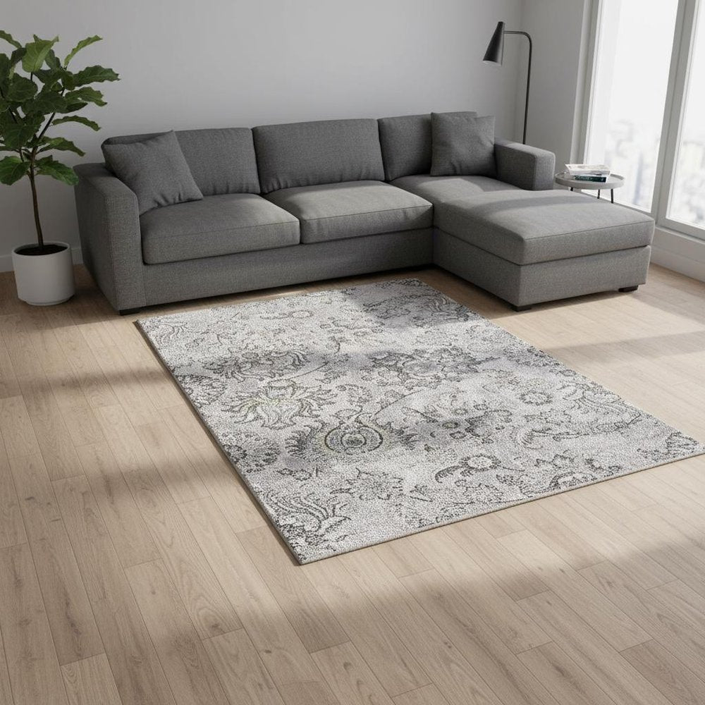 6' X 9' Gray Damask Power Loom Area Rug