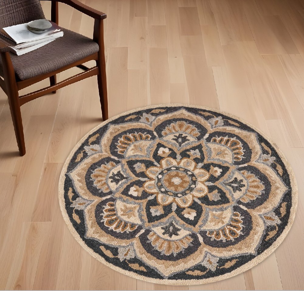 6' Black and Tan Round Wool Floral Medallion Hand Tufted Area Rug
