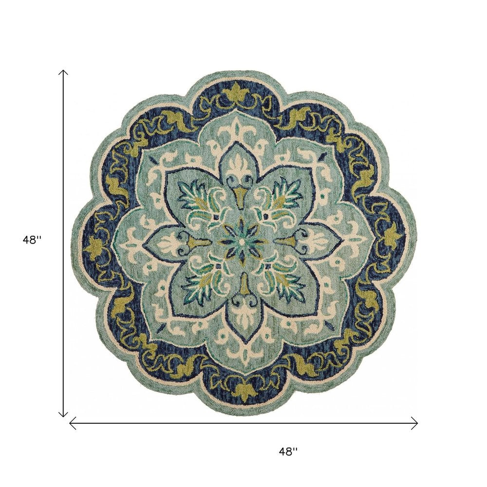 6' Blue And Green Wool Geometric Hand Tufted Round Rug