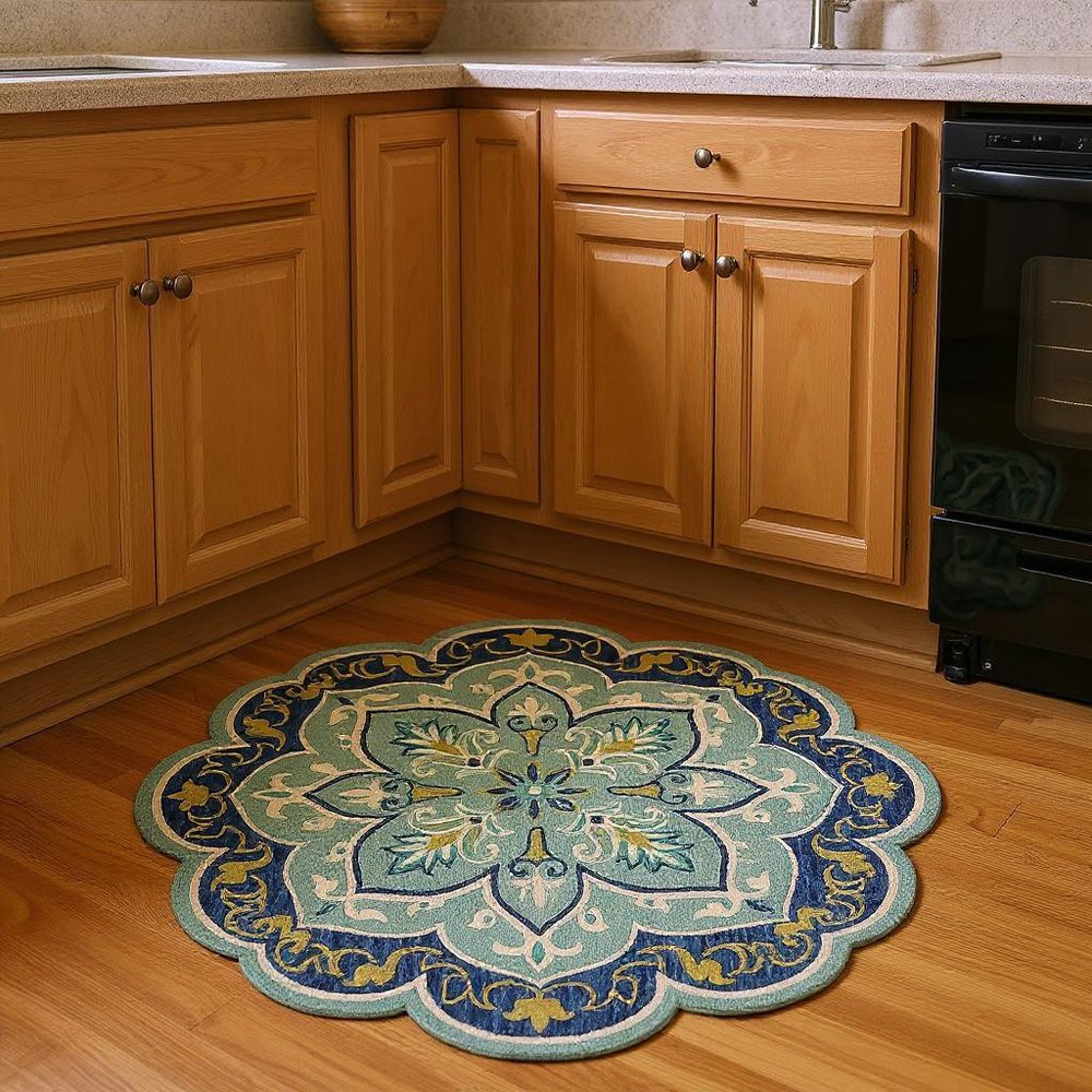 6' Blue And Green Wool Geometric Hand Tufted Round Rug