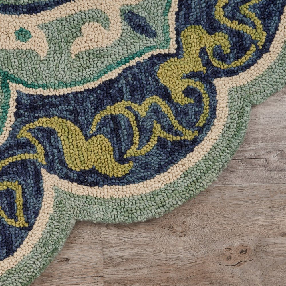 6' Blue And Green Wool Geometric Hand Tufted Round Rug