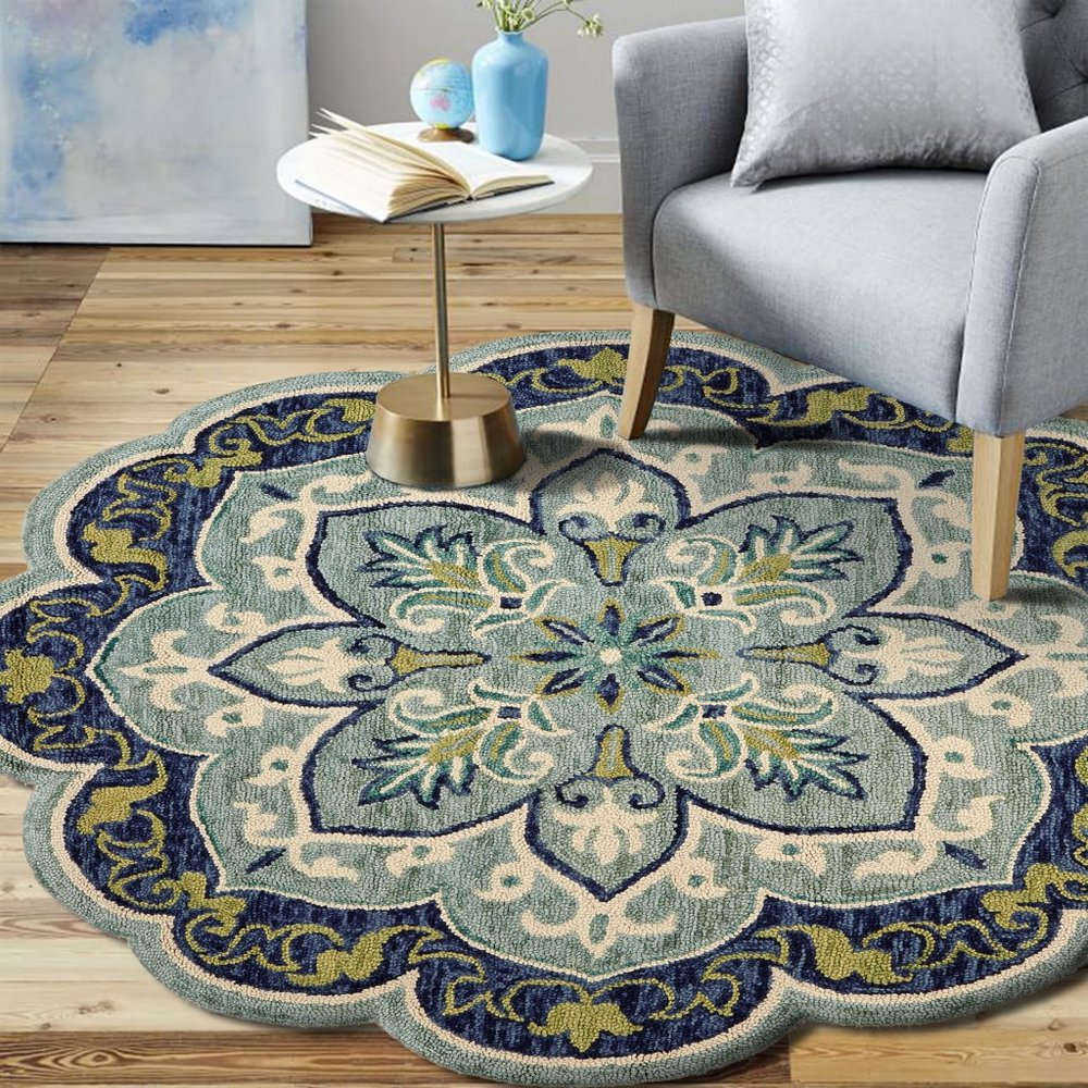 6' Blue And Green Wool Geometric Hand Tufted Round Rug
