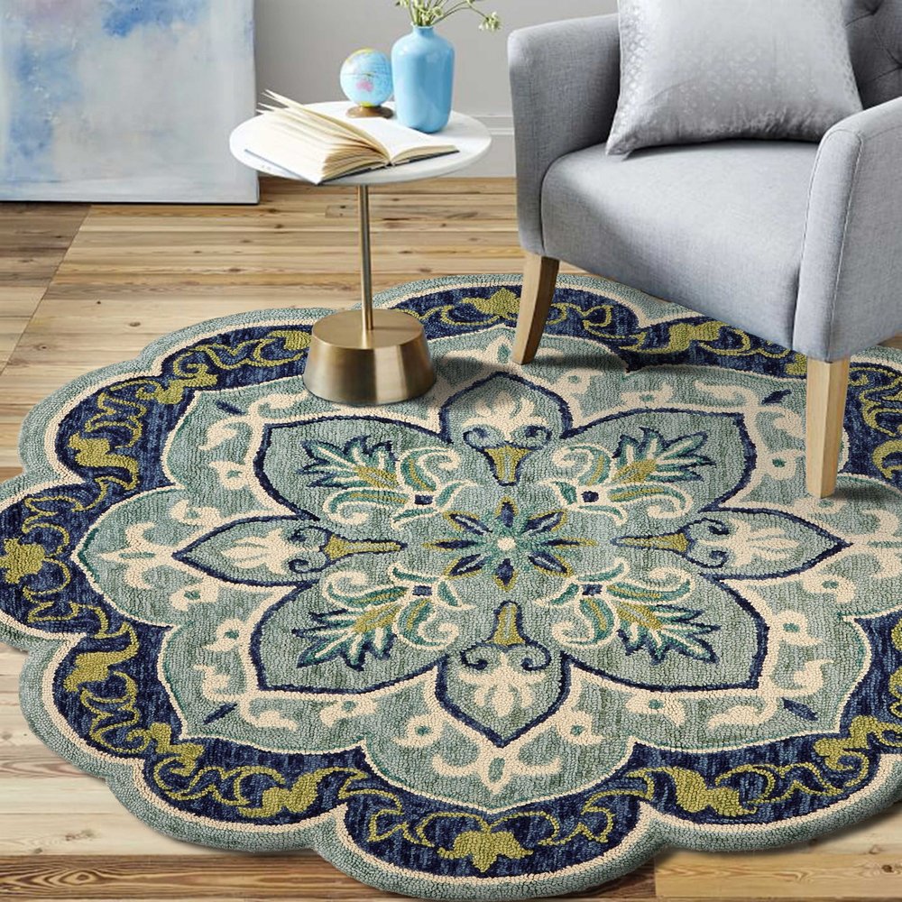 6' Blue And Green Wool Geometric Hand Tufted Round Rug