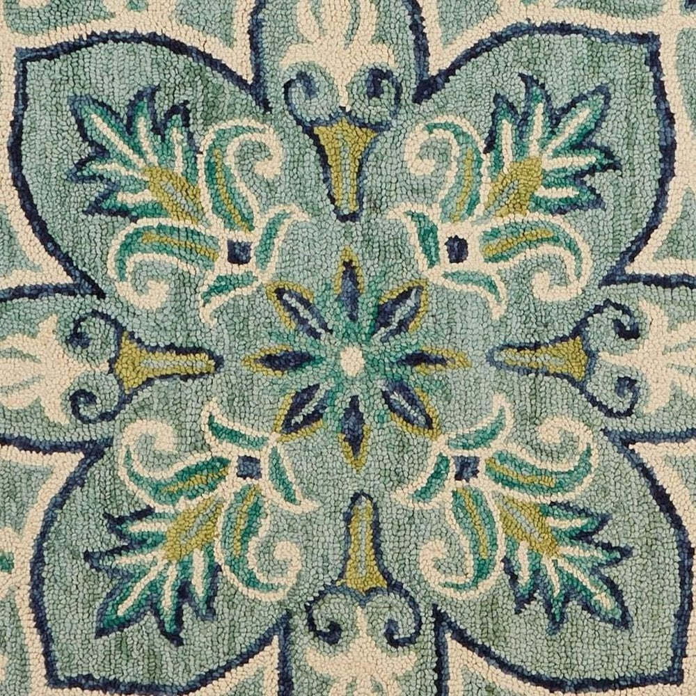 6' Blue And Green Wool Geometric Hand Tufted Round Rug