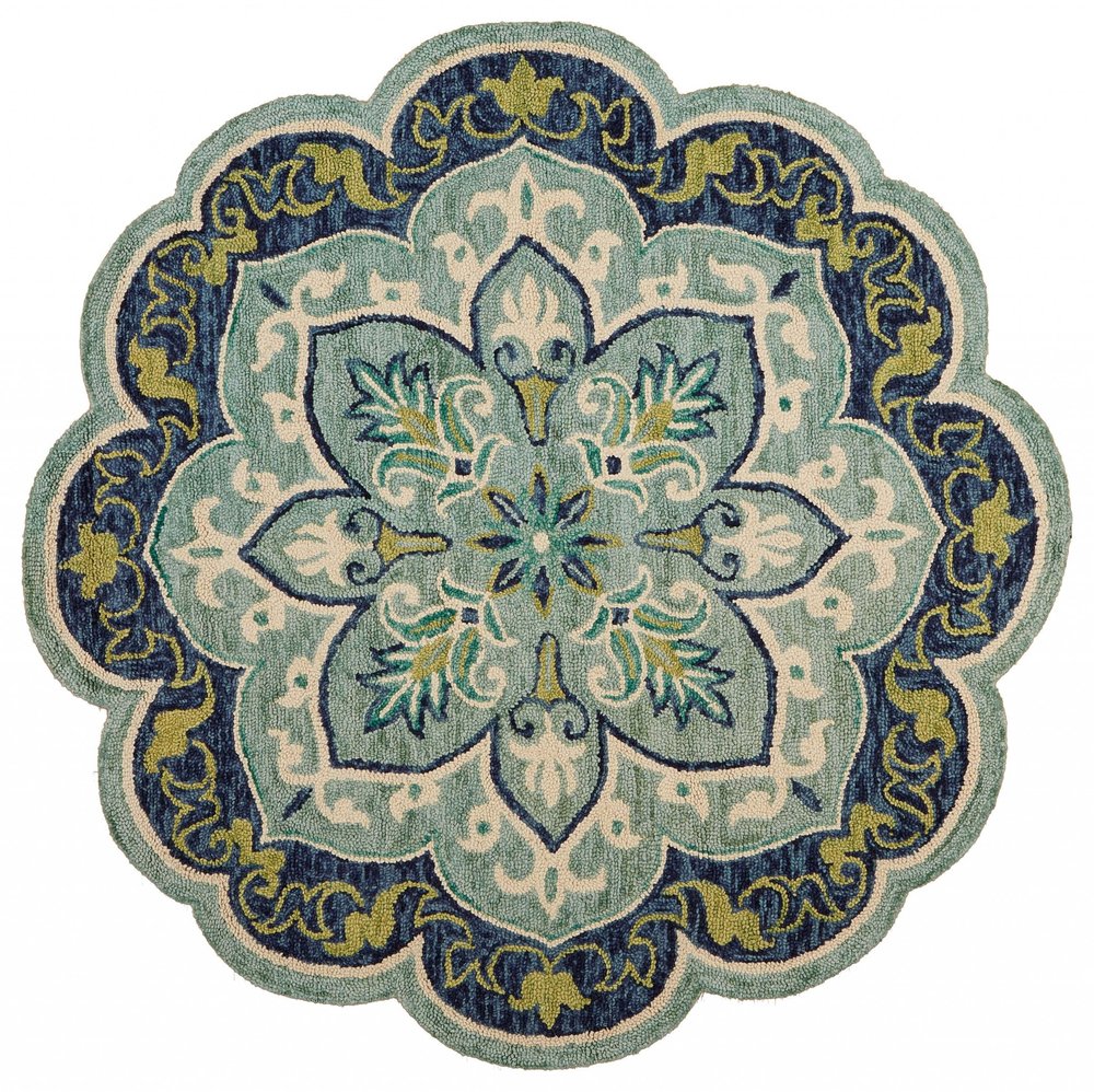 6' Blue And Green Wool Geometric Hand Tufted Round Rug