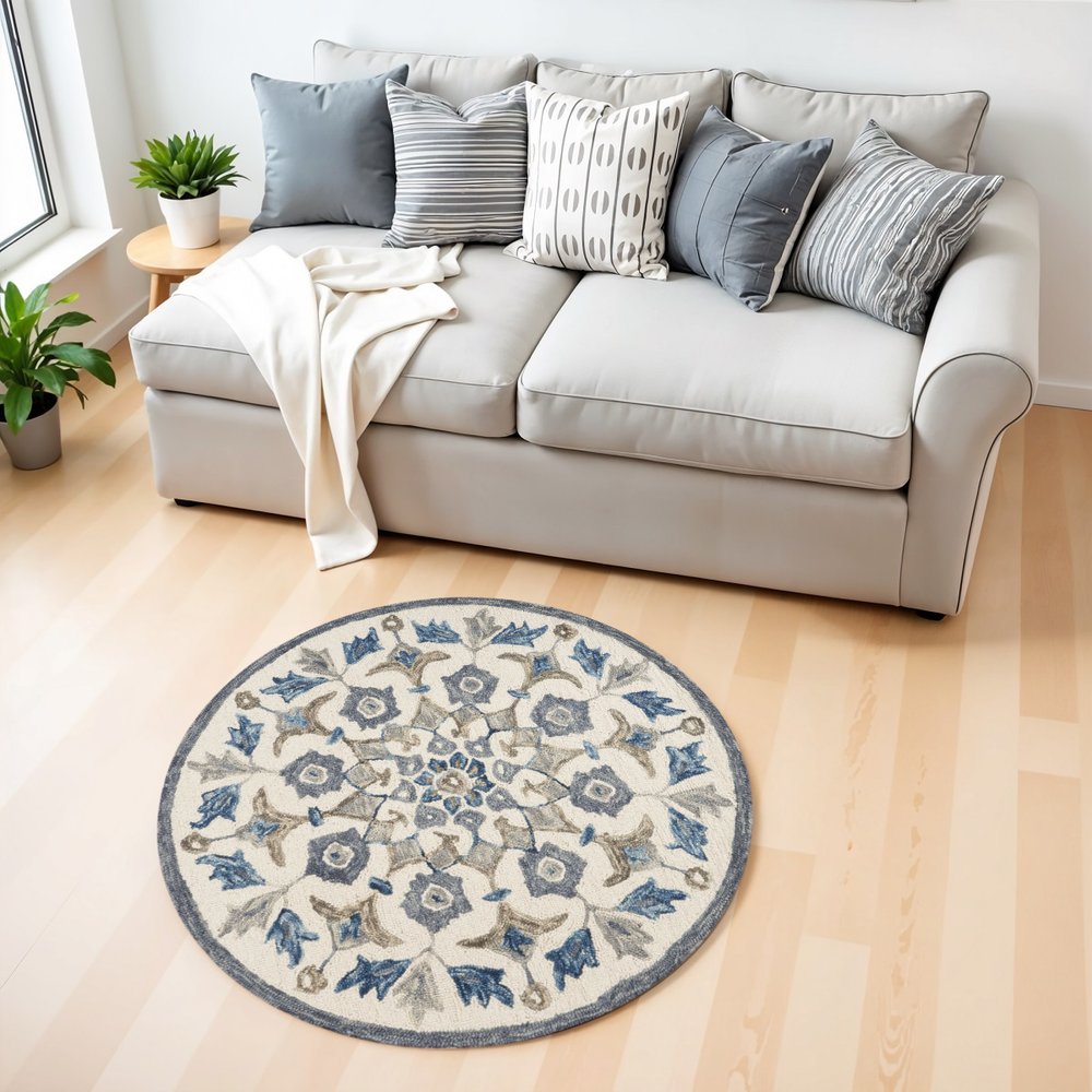 4' Round Blue Floral Oasis Area Rug