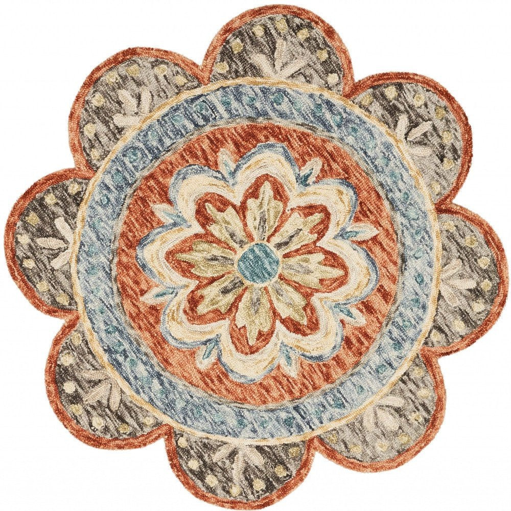 6' Orange And Red Wool Floral Hand Tufted Round Rug
