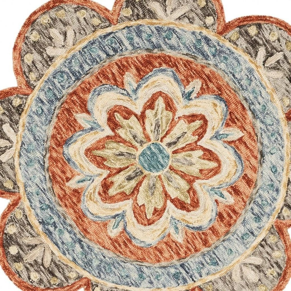 6' Orange And Red Wool Floral Hand Tufted Round Rug