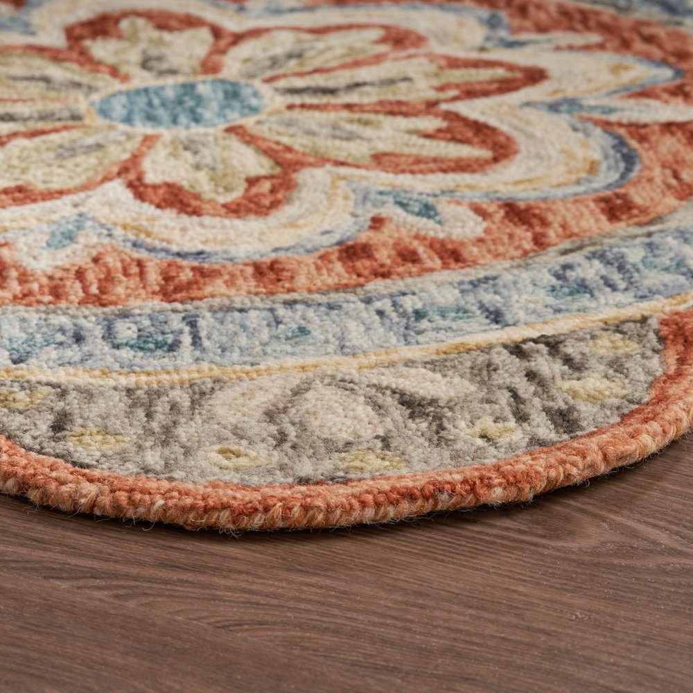 6' Orange And Red Wool Floral Hand Tufted Round Rug