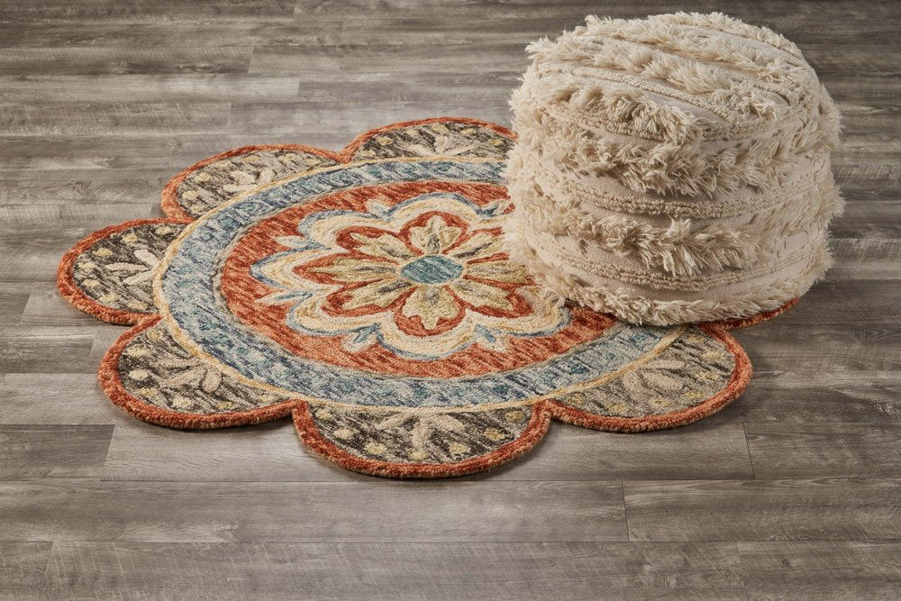 6' Orange And Red Wool Floral Hand Tufted Round Rug