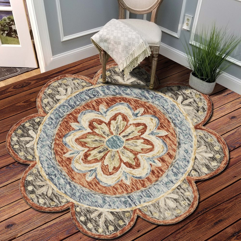 6' Orange And Red Wool Floral Hand Tufted Round Rug