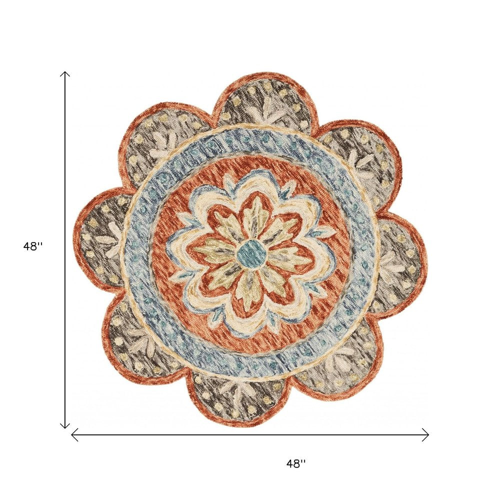 6' Orange And Red Wool Floral Hand Tufted Round Rug