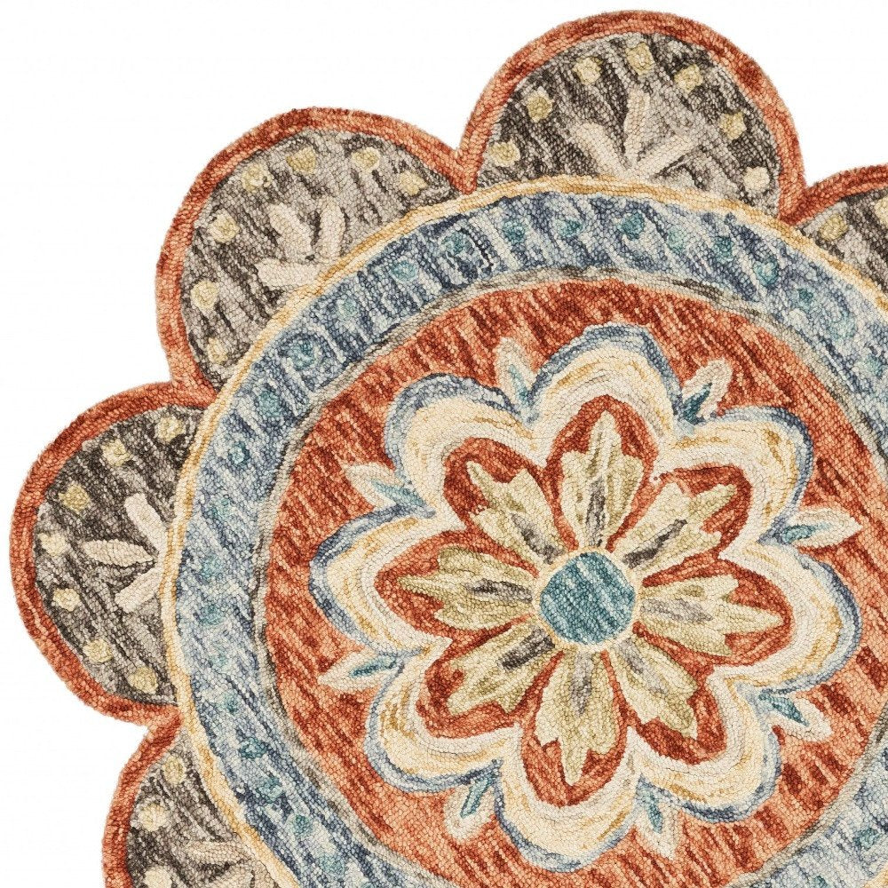 6' Orange And Red Wool Floral Hand Tufted Round Rug