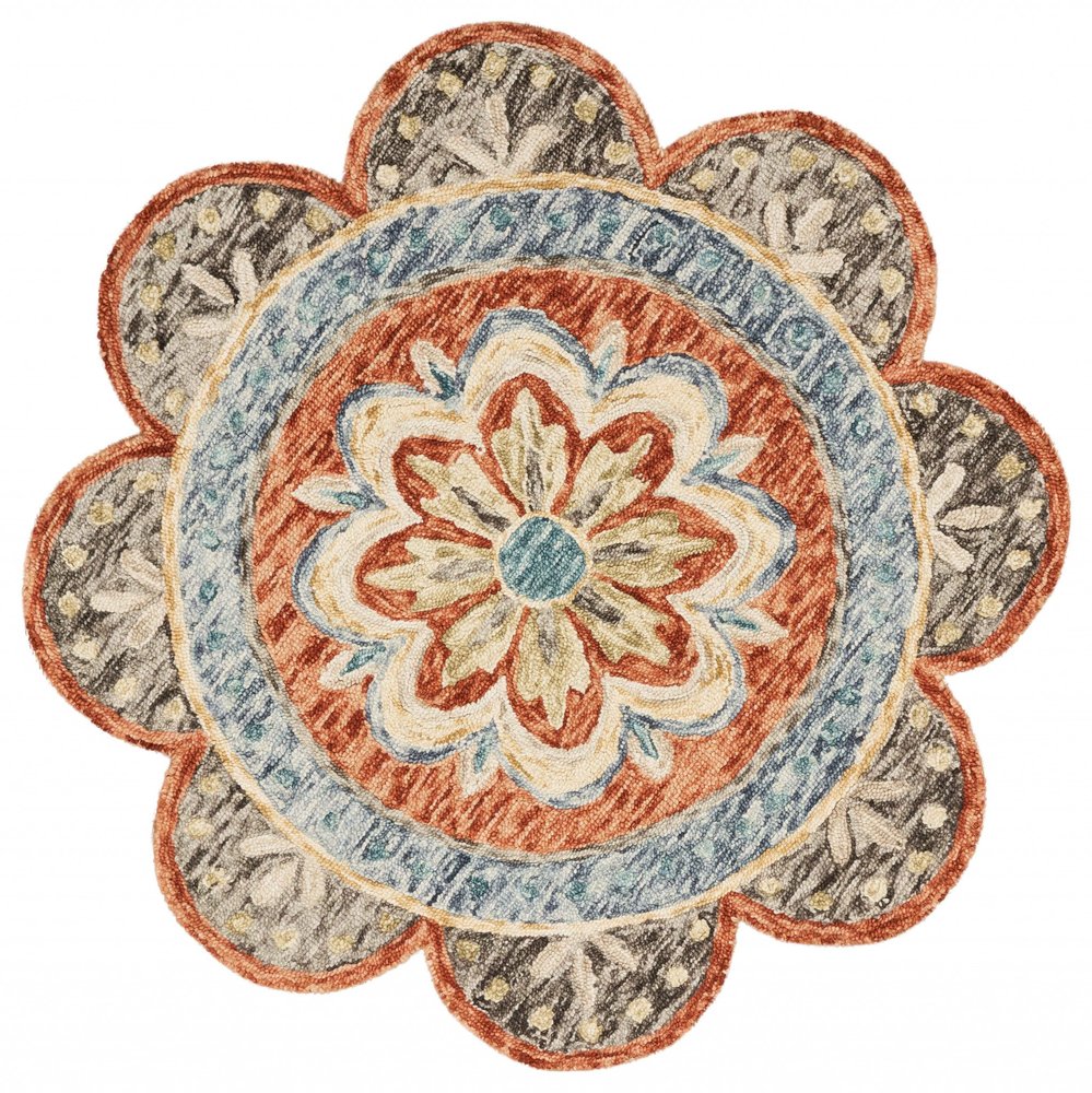 6' Orange And Red Wool Floral Hand Tufted Round Rug
