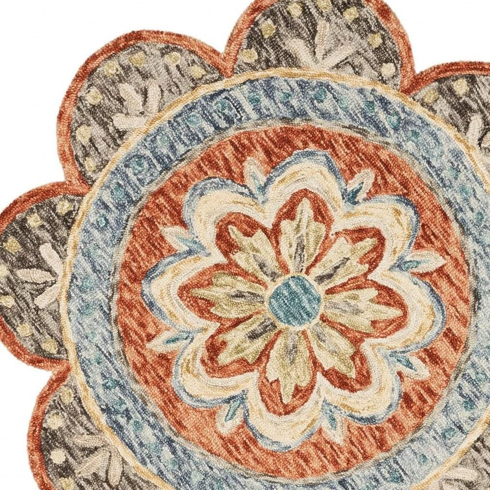 6' Orange And Red Wool Floral Hand Tufted Round Rug