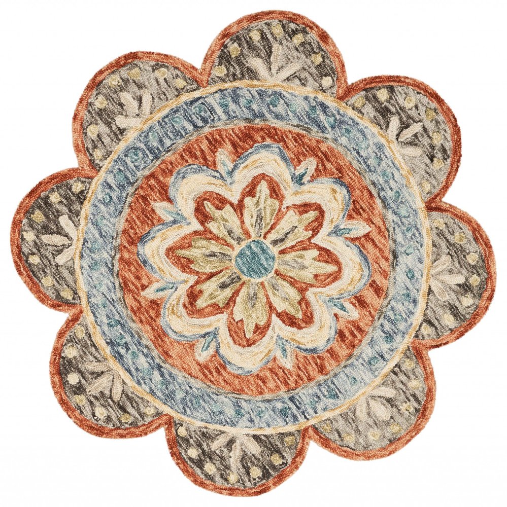 6' Orange And Red Wool Floral Hand Tufted Round Rug