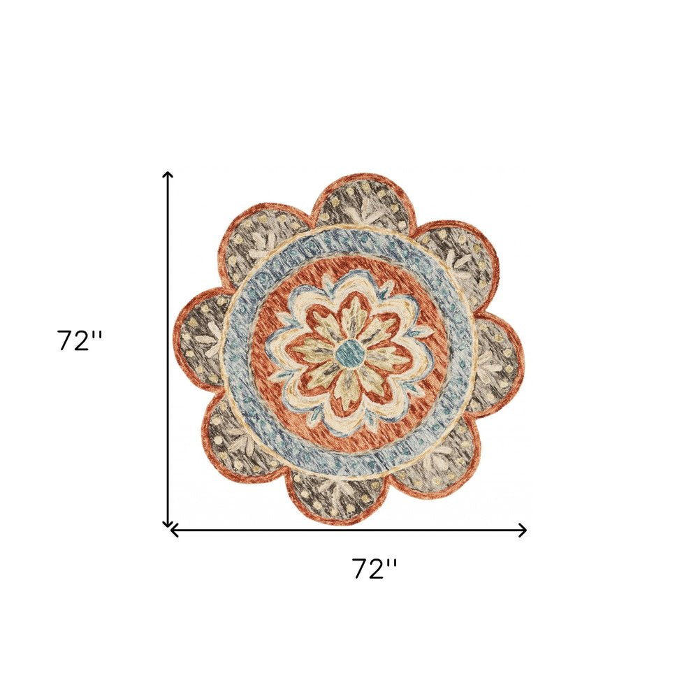6' Orange And Red Wool Floral Hand Tufted Round Rug
