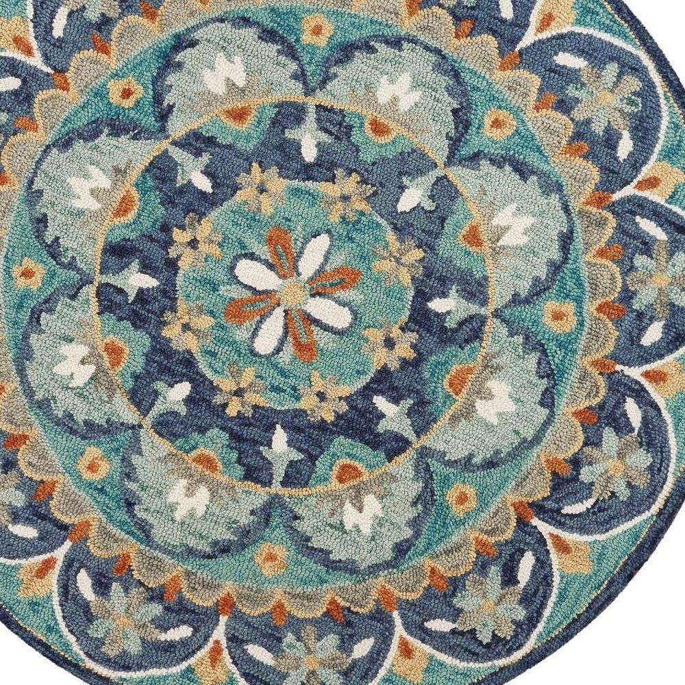 4' Round Blue Floral Mandala Area Rug