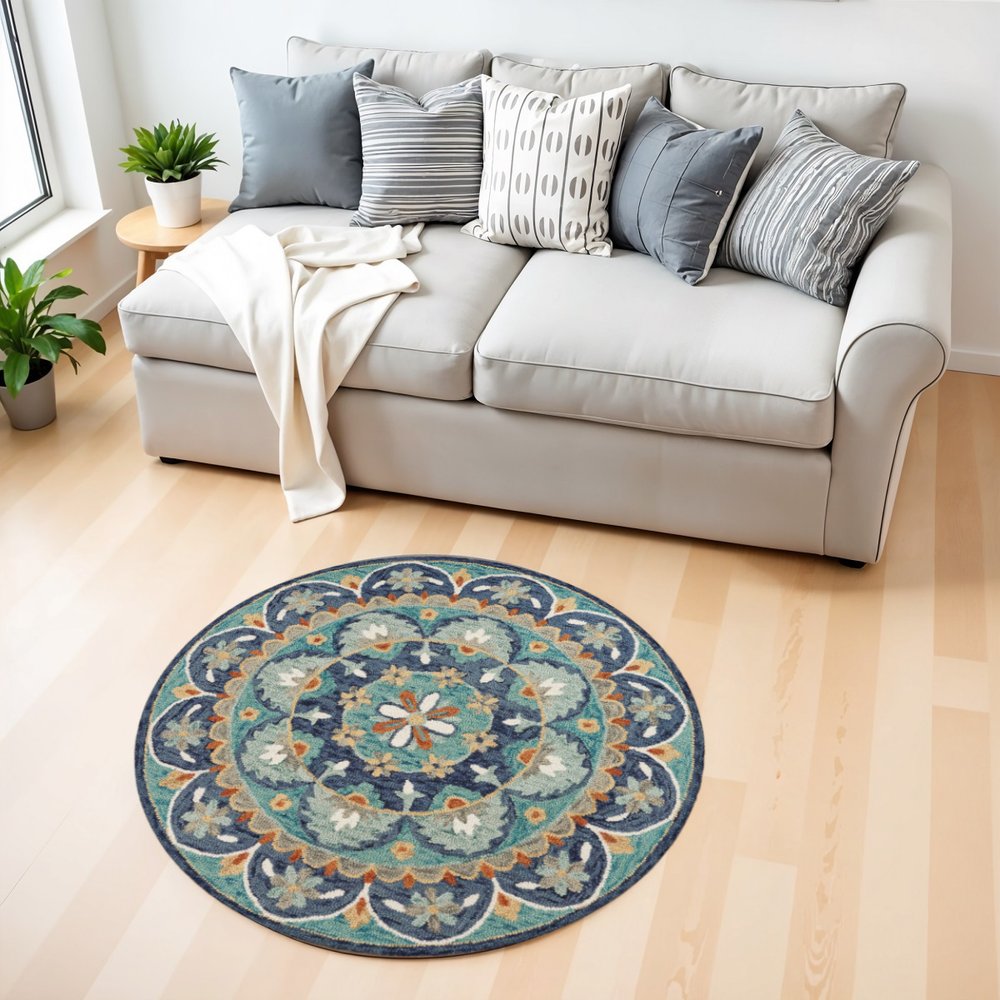 4' Round Blue Floral Mandala Area Rug