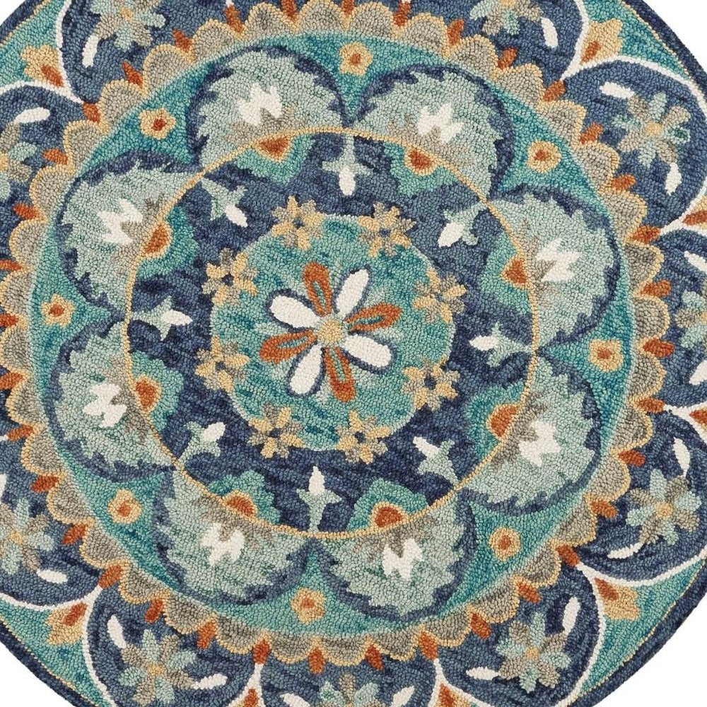 4' Round Blue Floral Mandala Area Rug