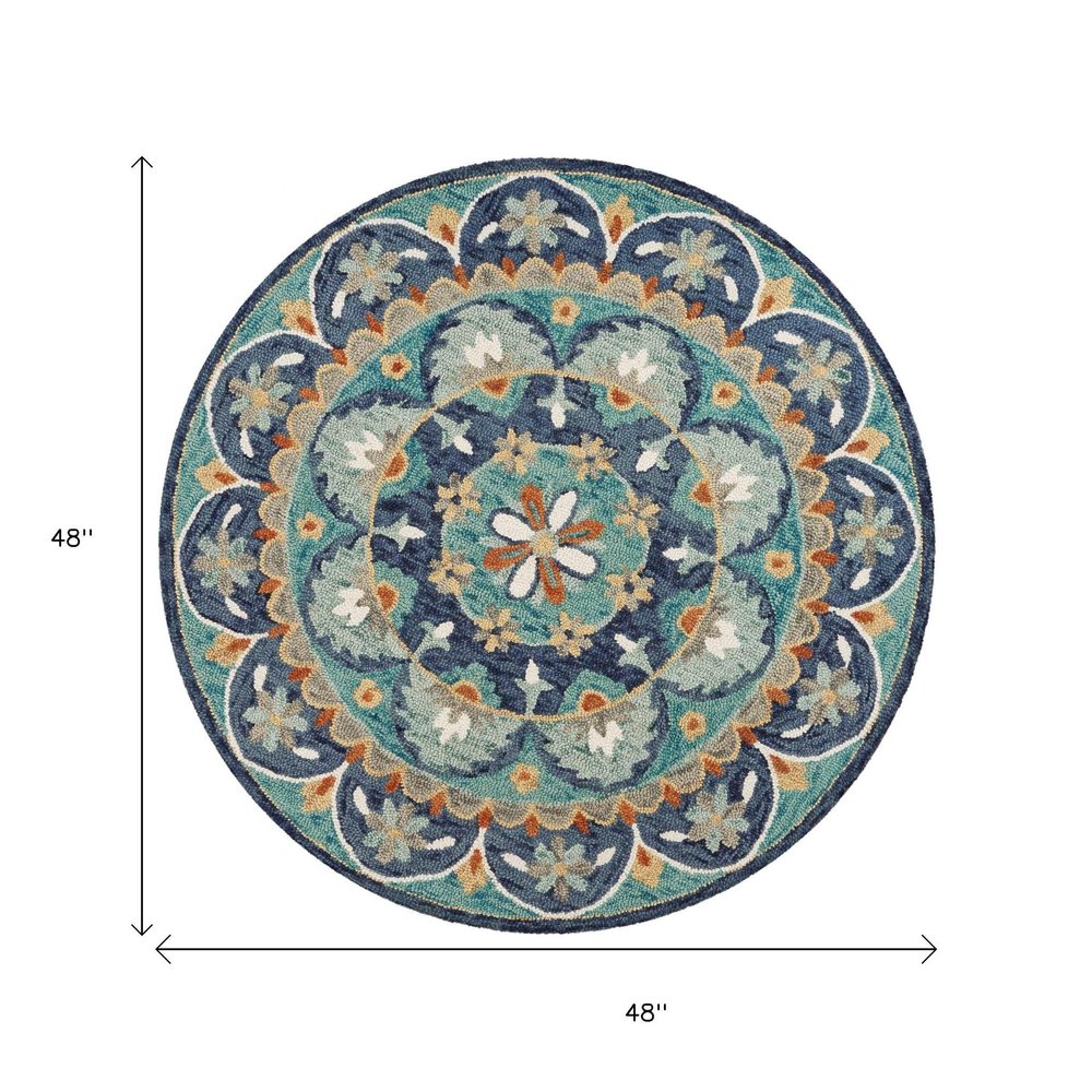 4' Round Blue Floral Mandala Area Rug