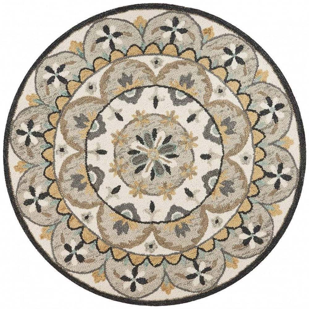 4' Round Gray And Ivory Floral Bloom Area Rug