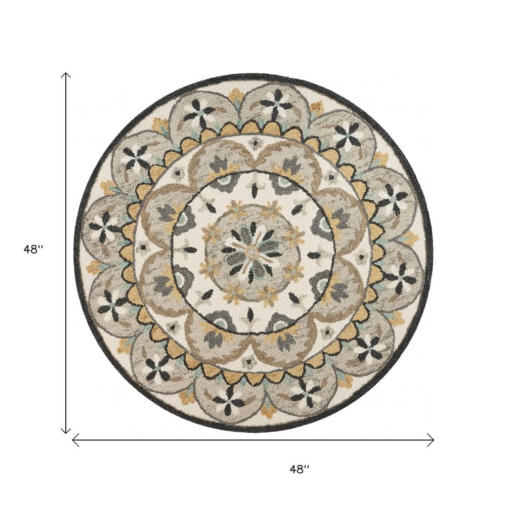 4' Round Gray And Ivory Floral Bloom Area Rug