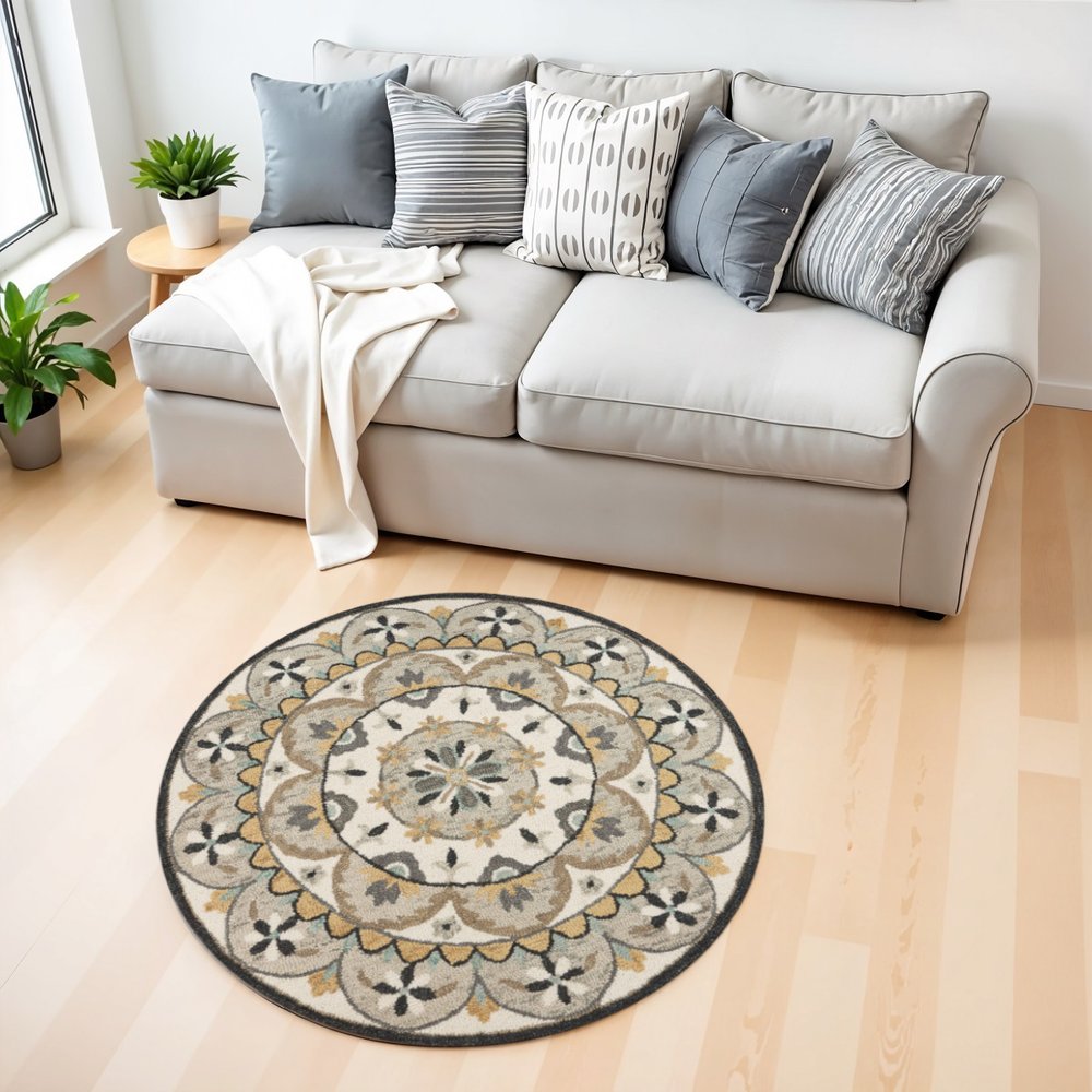4' Round Gray And Ivory Floral Bloom Area Rug