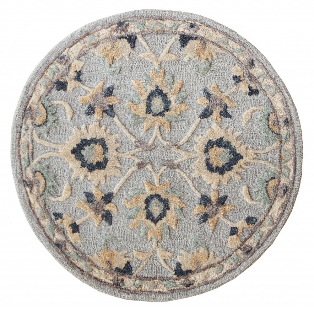 3' Beige And Blue Wool Floral Hand Woven Round Rug