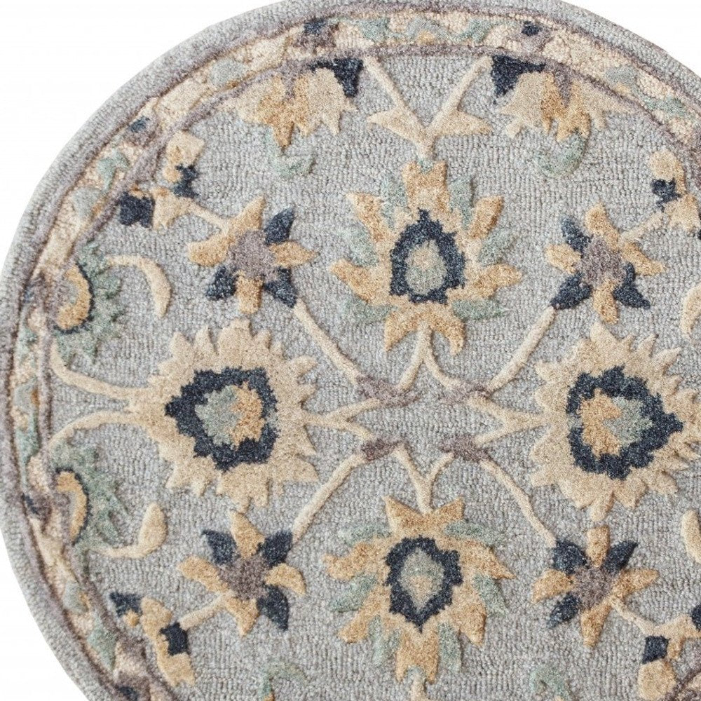 3' Beige And Blue Wool Floral Hand Woven Round Rug
