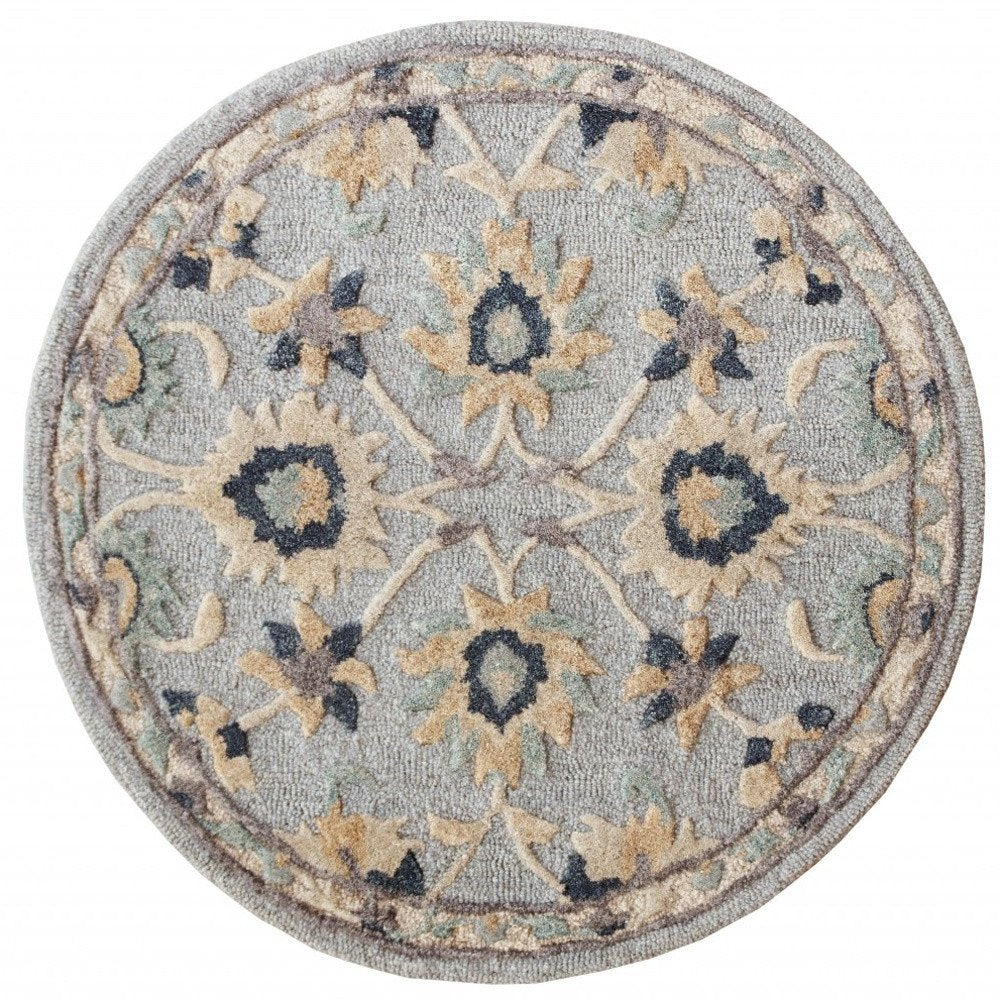 3' Beige And Blue Wool Floral Hand Woven Round Rug