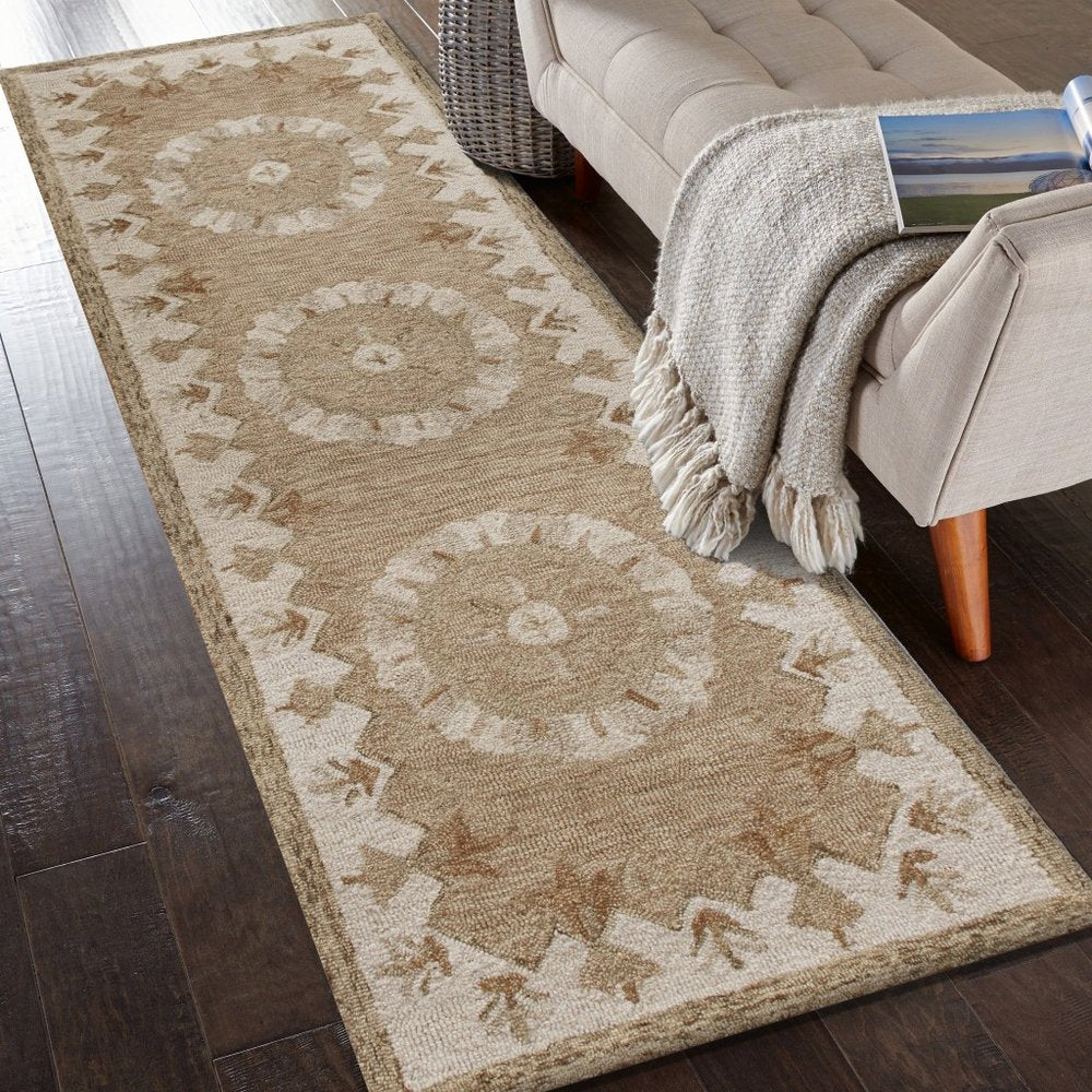 3' Round Tan Retro Modern Medallion Area Rug