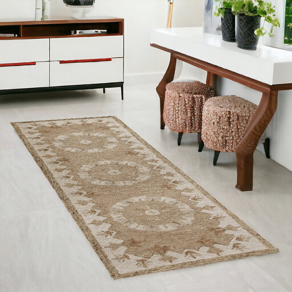 3' Round Tan Retro Modern Medallion Area Rug