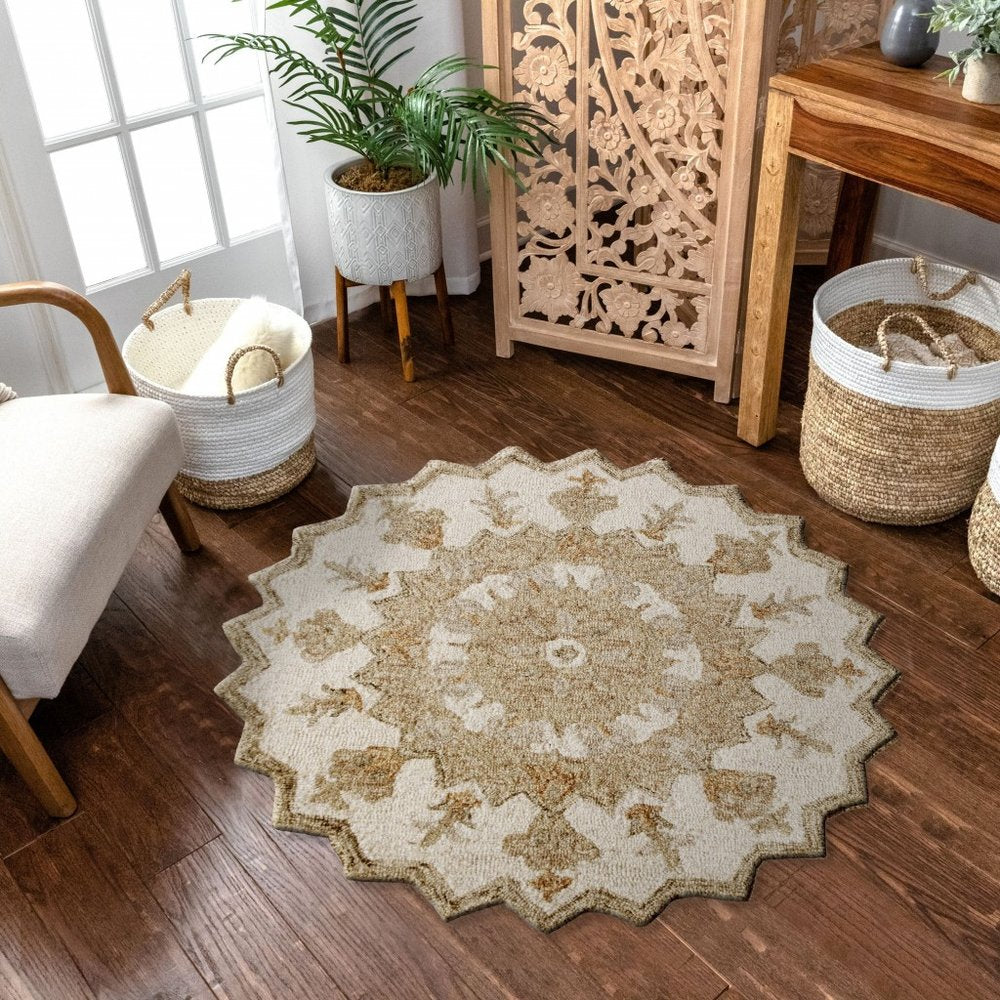 3' Round Tan Retro Modern Medallion Area Rug