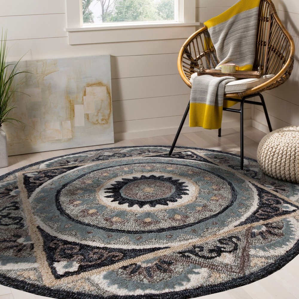 3' Round Gray Geometric Medallion Area Rug