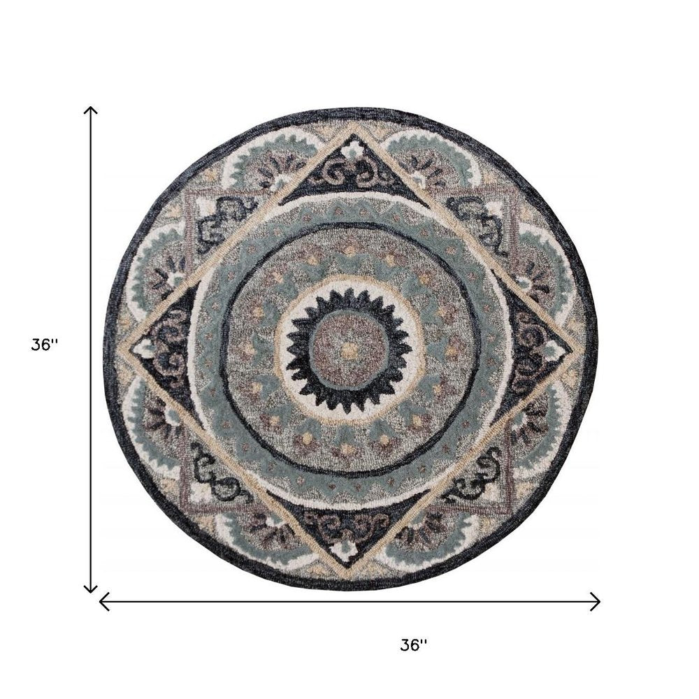 3' Round Gray Geometric Medallion Area Rug