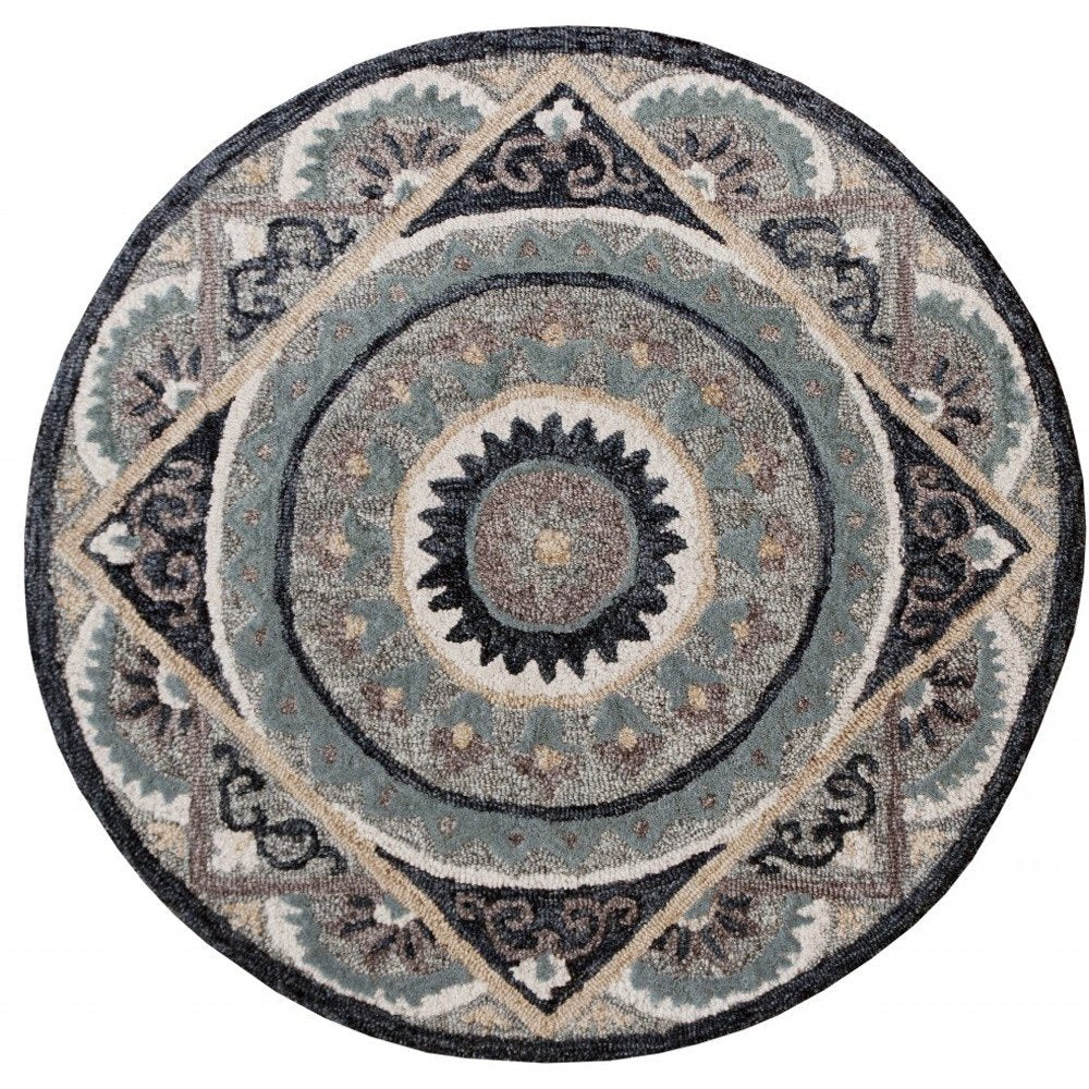 3' Round Gray Geometric Medallion Area Rug