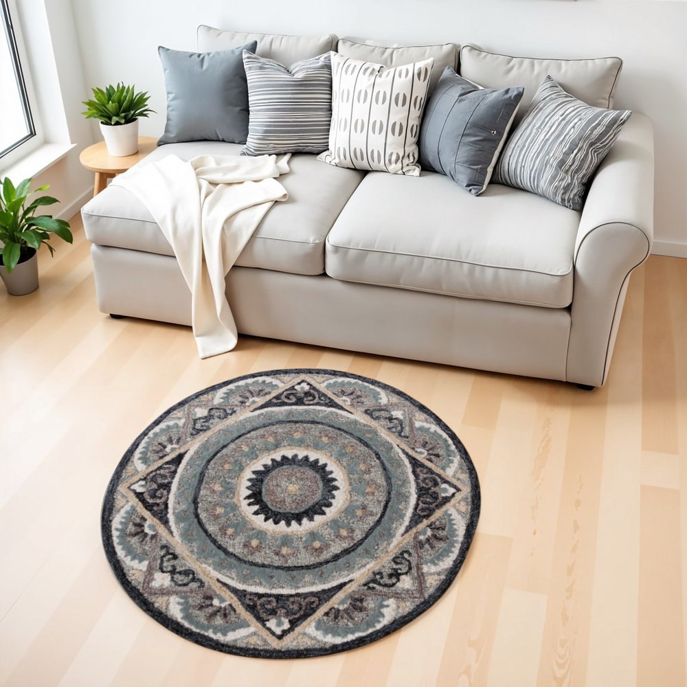 3' Round Gray Geometric Medallion Area Rug